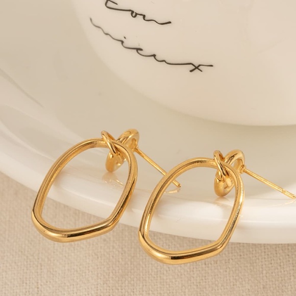 18K Gold Plated Stainless Steel Dangle Hoop Minimalistic Earrings - Picture 6 of 6